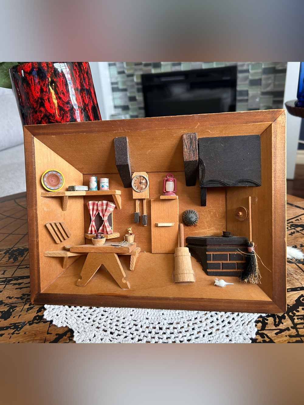 1974 Enesco Wooden Kitchen Shadowbox Diorama | Retro 70s Cottage Miniature Wall